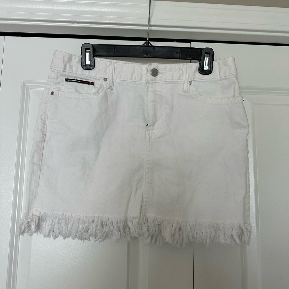 White Mini Skirt with Fringe Hem